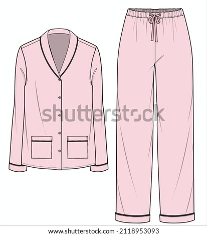 SHAWL COLLAR TOP WITHPPING DETAIL MATCHING PYJAMA SET FOR WOMEN IN EDITABLE VECTOR FILE