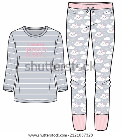 WOMEN STRIPETEE AND JOGGERS WITH CLOUD PRINT 
NIGHTWEAR SET IN EDITABLE VECTOR FILE