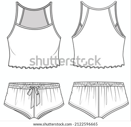 RIBBED HALTER NECK CAMI AND BOYSHORTS NIGHTWEAR SET FOR WOMEN AND TEEN GIRLS IN EDITABLE VECTOR FILE