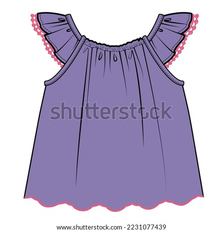 SCALLOP HEMLINE WITH POM POM LACE DETAIL KNIT TOP FOR TODDLER GIRL AND BABY GIRL SET IN EDITABLE VECTOR