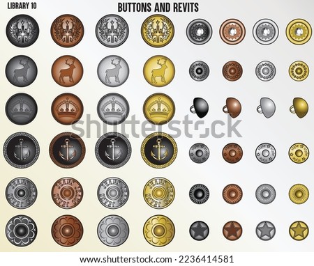 FASHION METALLIC BUTTONS AND REVIT FOR DENIM, JEANS, JACKETS, COATS AND FOR ALL KIND OF TEXTILE IN EDITABLE VECTOR SKETCH