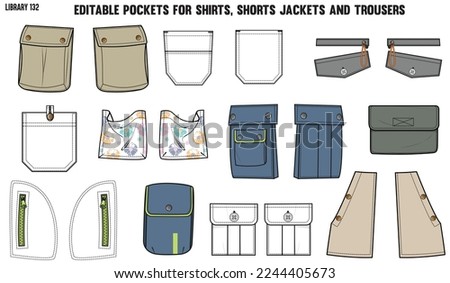 SET OF DIFFERENT TYPES OF POCKET FOR APPAREL AND CLOTHINGS; FOR SHIRTS DENIM JEANS JACKET CARGO PANTS CHINOS, JACKETS AND BLAZERS IN EDITABLE VECTOR