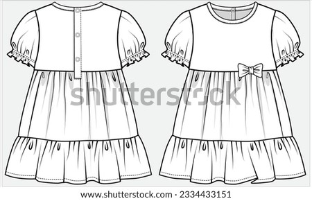 PUFF SLEEVES TIERED WOVEN DRESS WITH POLY BUTTON FASTENERS AND CUTE BOW DETAIL DESIGNED FOR KID GIRLS AND TODDLER GIRLS IN VECTOR ILLUSTRATION
