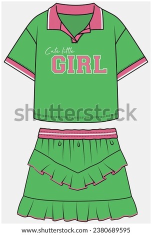 DROP SHOULDER POLO TOP PAIRED WITH CHEVRON PATTERN RUFFLE DETAIL SKIRT DESIGNED FOR TEEN AND KID GIRLS IN VECTOR ILLUSTRATION