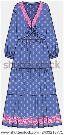 V NECKLINE TIERED MAXI DRESS LONG DRESS WITH FRONT KNOT DETAIL DESIGNED FOR WOMEN AND YOUNG WOMEN IN VECTOR ILLUSTRATION FILE