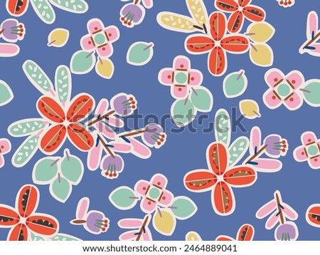 COLORFUL HAND DRAWN FLORAL SEAMLESS PATTERN WITH BLUE BACKGROUND DIGITAL SEAMLESS PRINT