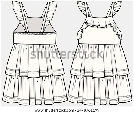 FRILL SLEEVELESS SUN DRESS WITH LACE AND LAYERED DETAIL DESIGNED FOR TEEN AND KID GIRLS IN VECTOR FILE