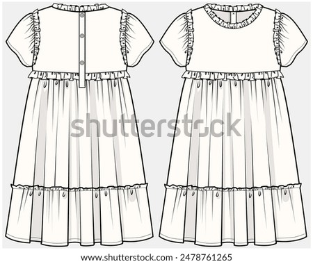 FLUTTER SLEEVES TIERED DRESS DESIGNED FOR TEEN AND KID GIRLS IN VECTOR FILE