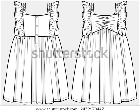 FRILL SLEEVELESS SUN DRESS WITH RUCHING DETAIL DESIGNED FOR TEEN AND KID GIRLS IN VECTOR FILE