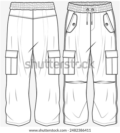 UTILITY CARGO POCKET DETAIL WOVEN JOGGERS WITH CUT AND SEW PANEL AND TOGGLE PULLER AT HEM FASHION FLAT DESIGNED FOR TEEN GIRLS AND KID GIRLS IN VECTOR FILE