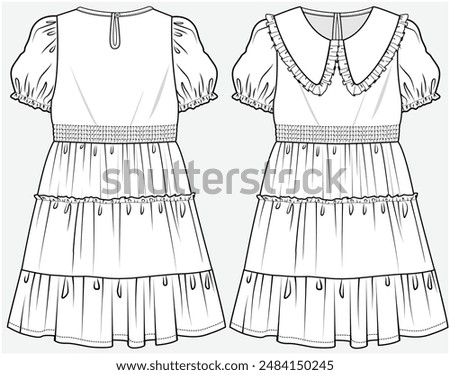 PETERPAN COLLAR PUFF SLEEVES TIERED DRESS DESIGNED FOR TEEN GIRLS AND KID GIRLS IN VECTOR FILE