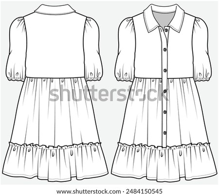 SHIRT DRESS WITH ELBOW SLEEVES AND FRONT BUTTONED DETAIL TIERED SHIRT DRESS DESIGNED FOR TEEN GIRLS AND KID GIRLS IN VECTOR FILE