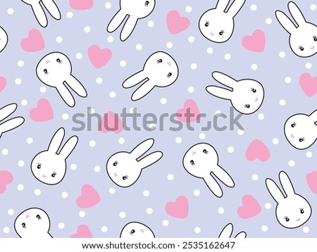 REPEAT PATTERN WITH WHITE BUNNY HEAD AND PINK HEARTS WITH WHITE POLKA ON BLUE BACKGROUND. SLEEPWEAR AND PAJAMAS SEAMLESS PRINT IN VECTOR FILE