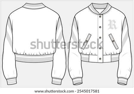 CROP LENGTH VARSITY BOMBER JACKET WITH WELT POCKET DETAIL DESIGNED FOR WOMEN AND TEEN GIRLS IN  VECTOR ILLUSTRATION FILE