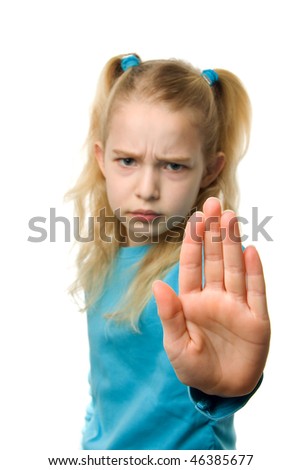 One Caucasian Girl Is Making Stop Sign With Hand, Sharp On Hand And ...