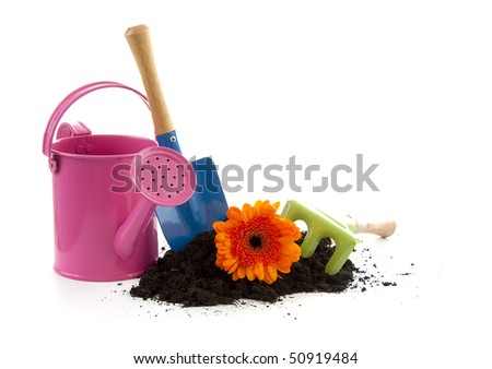 Colorful gardening tools over white background