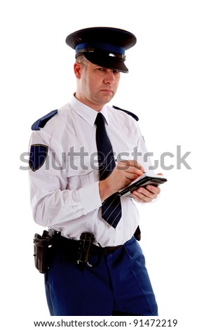 Dutch police officer filling out parking ticket over white background