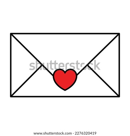 Letter with red heart, love, greeting, or coupon message in flat design black and white color simple envelope closed style. Vector illustration isolated on white background.