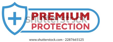 Shield icon with plus sign and red premium protection text. Flat style blue color vector symbol for medical, bacterial or virus defense, product, service, label, logo. Design isolated on white.