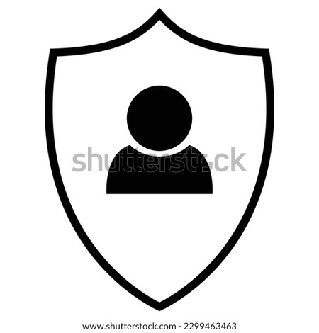 User protection icon, flat style black color shield sign with man, person symbol, profile avatar for account, customer guard idea, concept. Trendy vector illustration isolated on white background.