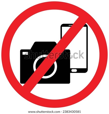 No cameras, no mobile phones allowed sign icon, no photography or video, prohibition sign in red color symbol. Crossed out circle illustration, no taking pictures or video graphic design isolated.