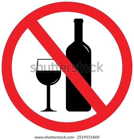 No alcohol sign with half filled glass. Flat style prohibition symbol, red circle shaped illustration. No alcoholic beverages or liquor consumption prohibition icon isolated on white.