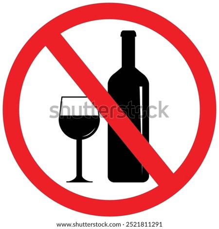 No alcohol sign, no alcoholic beverages or liquor consumption prohibition icon with half filled glass. Flat style prohibition symbol, red circle shaped illustration isolated on white.