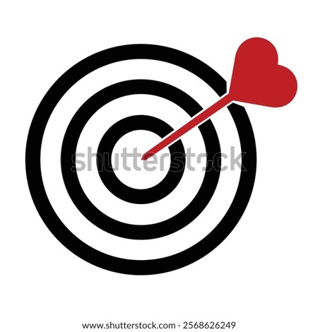 Target icon, red heart arrow on target, flat style trendy colors object. Romance, love, valentine's day idea or concept illustration graphic element isolated background.