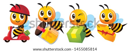 Cartoon cute bee mascot set. Cartoon cute bee deliver product set. Cute bee ride scooter, cute bee carry organic honey bottle - Vector character mascot set