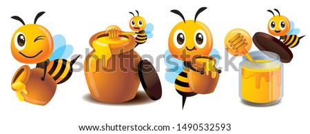 Cartoon cute bee mascot set. Cartoon cute bee with honey pot set. Cute bee carries honey pot and organic honey bottle - Vector character mascot set