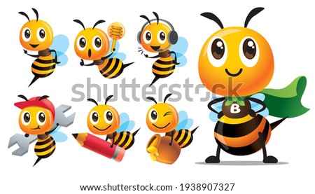 Cartoon cute bee character series with different type of poses. Cute Bee with superhero costume, holding pencil, holding honey dripper and honey pot, holding spanner - mascot set