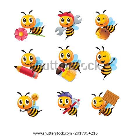 Collection set of cartoon cute bee in different poses. Bee carrying honey pot, flower, pencil and signboard. Vector character set