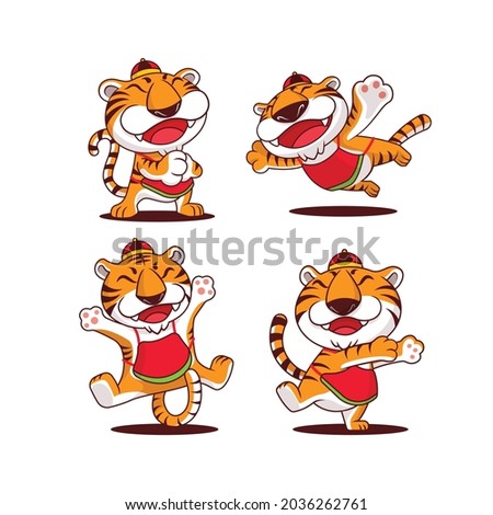 Chinese New Year 2022. Cartoon set of cute tiger wearing traditional costume with different poses. Vector mascot set