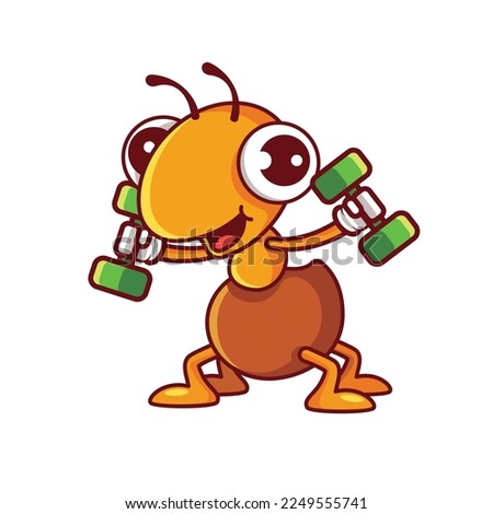 Cartoon cute ant doing fitness workout with carrying dumbbells character illustration