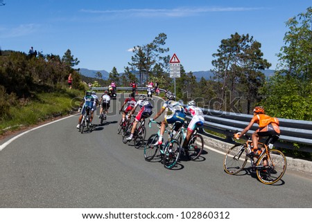 LA BARACCA, LA SPEZIA, ITALY - MAY 17: Nine cyclists on escape, with Lars Bak that will win the stage, during the 12th stage of 2012 Giro d\'Italia on May 17, 2012 in La Baracca, La Spezia, Italy