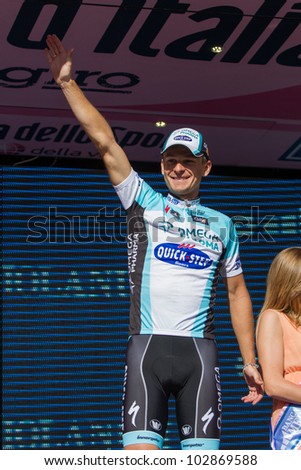 SESTRI LEVANTE, GENOVA, ITALY - MAY 17: Michal Golas, Omega Pharma Quickstep, Leader Blue Jersey Ranking after  the 12th stage of 2012 Giro d\'Italia on May 17, 2012 in Sestri Levante, Genova, Italy