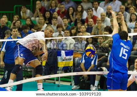 FLORENCE, ITALY - MAY 19: Italian block in action during a World League match between Italy and France at Mandela Forum, Florence, Italy on May 19 2012