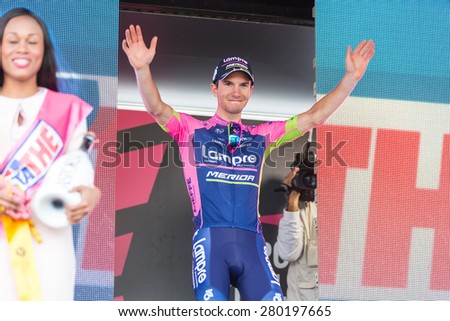 ABETONE, ITALY - MAY 13, 2015: Jan Polanc, team Lampre Merida, on the podium after winning the 5th stage of \