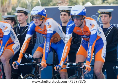 MARINA DI CARRARA, CARRARA - MARCH 09: Team Rabobank at the start of the 1st Time Trial stage of 2011 Tirreno-Adriatico on March 09, 2011 in Marina di Carrara, Carrara, Italy