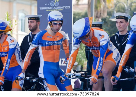 MARINA DI CARRARA, CARRARA - MARCH 09: Team Rabobank at the start of the 1st Time Trial stage of 2011 Tirreno-Adriatico on March 09, 2011 in Marina di Carrara, Carrara, Italy