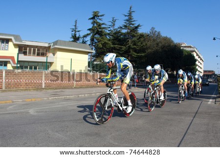 MARINA DI CARRARA, CARRARA, ITALY - MARCH 09: Team Vacansoleil during the 1st Time Trial stage of 2011 Tirreno-Adriatico on March 09, 2011 in Marina di Carrara, Carrara, Italy