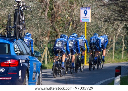 DONORATICO, LIVORNO, ITALY - MARCH 07: Team Saxo Bank during the 1st Team Time Trial stage of 2012 Tirreno-Adriatico on March 07, 2012 in Donoratico, Livorno, Italy