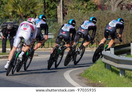 DONORATICO, LIVORNO, ITALY - MARCH 07: Team Sky Procycling during the 1st Team Time Trial stage of 2012 Tirreno-Adriatico on March 07, 2012 in Donoratico, Livorno, Italy