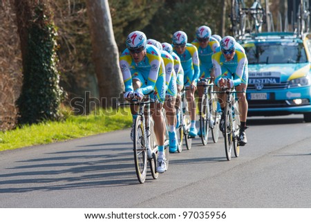 DONORATICO, LIVORNO, ITALY - MARCH 07: Team Astana during the 1st Team Time Trial stage of 2012 Tirreno-Adriatico on March 07, 2012 in Donoratico, Livorno, Italy