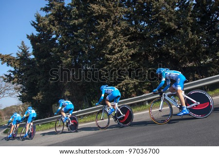 DONORATICO, LIVORNO, ITALY - MARCH 07: Team Colnago CSF Inox during the 1st Team Time Trial stage of 2012 Tirreno-Adriatico on March 07, 2012 in Donoratico, Livorno, Italy