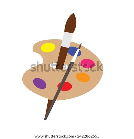 Palette and paint brush, artist icon flat design,colorful tubes, watercolors, oil paints, acrylic paints.