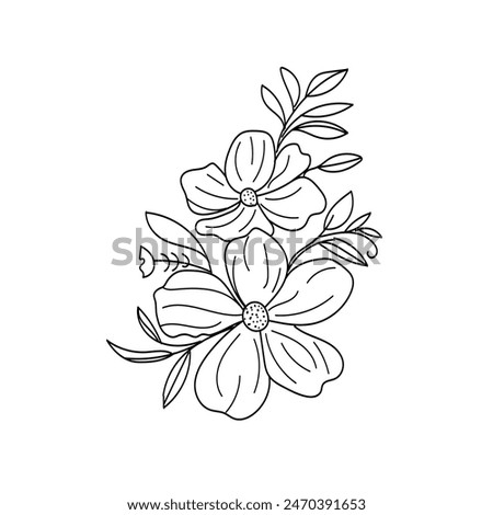 Vector black flowers icon, illustration silhouette image ,botanical lines art flower, Minimalist contour drawing of flower. line drawing of flower botany.Hand drawn sketch of flower with leaves.