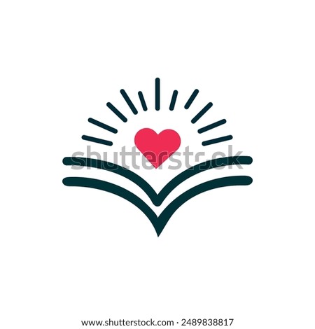 Abstract Sun with book,heart Logo.silhouette  Geometric  Sunburst isolated on white Background. Flat Vector books Logo Design Template Element for Business and Nature Logos.
