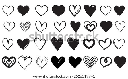 Collection of different black heart illustration, Hand drawn hearts.Vector symbol icon set. illustration design. eps 10.