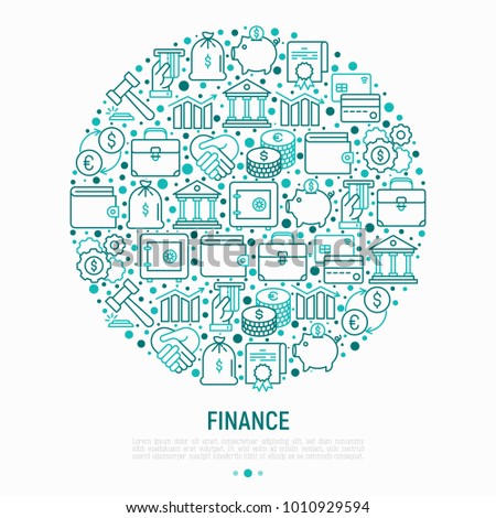 Finance concept in circle with thin line icons: safe, credit card, piggy bank, wallet, currency exchange, hammer, agreement, handshake, atm slot. Modern vector illustration for web page, print media.